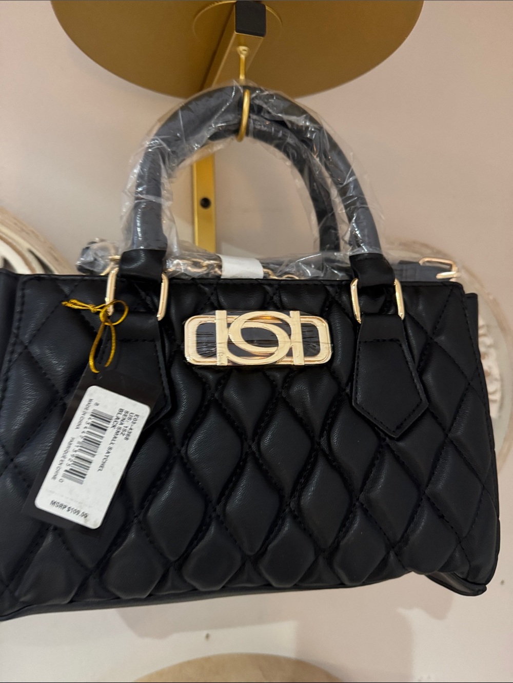 Quilted Black Satchel Handbag with Gold Hardware